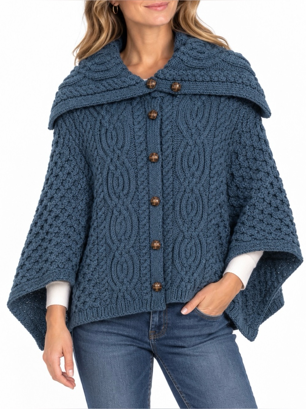 Aran Crafts Irish Merino Wool Poncho Sweater Cable Knit Made in Ireland Blue M/L